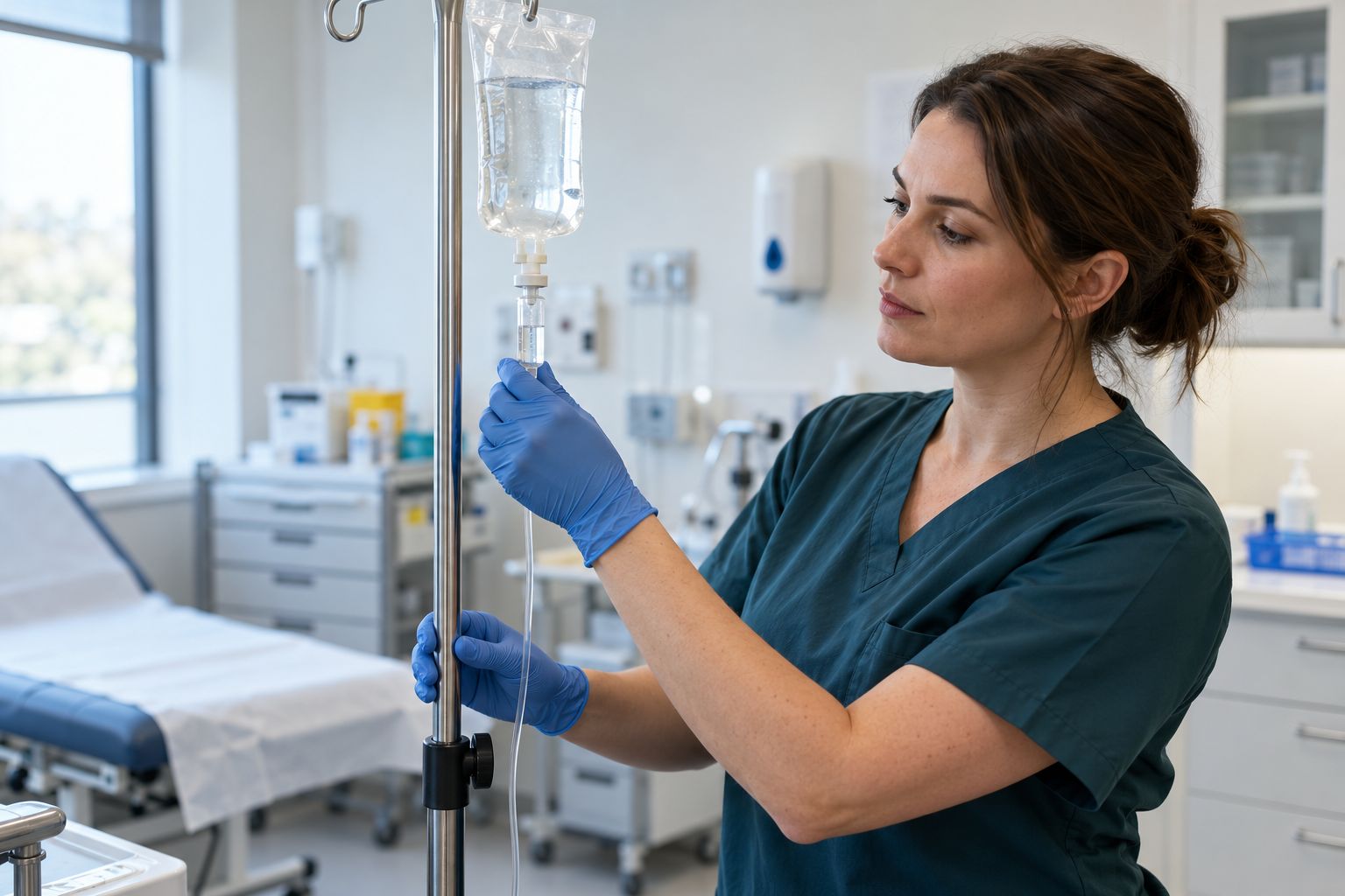 Капельница с Церебролизином — медсестра проверяет инфузионную систему